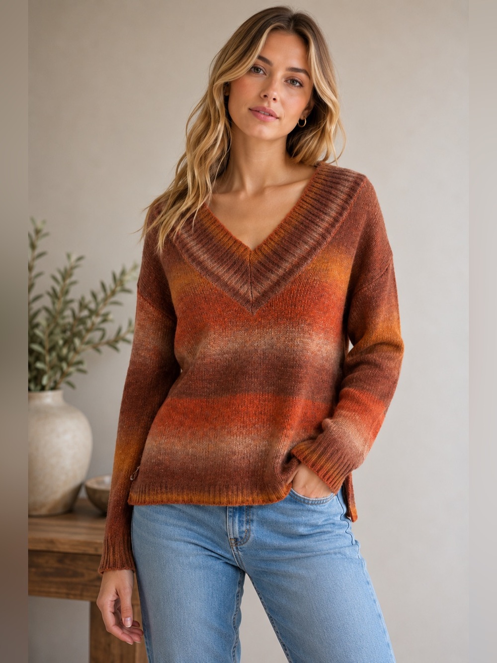a.n.a New Approach Ombre V Neck Sweater Tunic NWT Medium Soft Knit Slit Hem